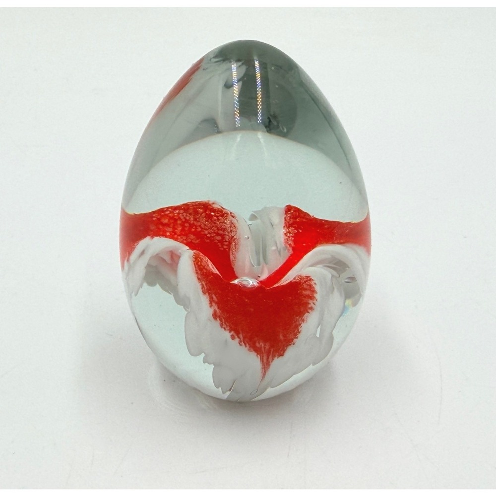Vintage Glass Eye Studio Egg Paperweight Red White Floral Signed MSH 1986